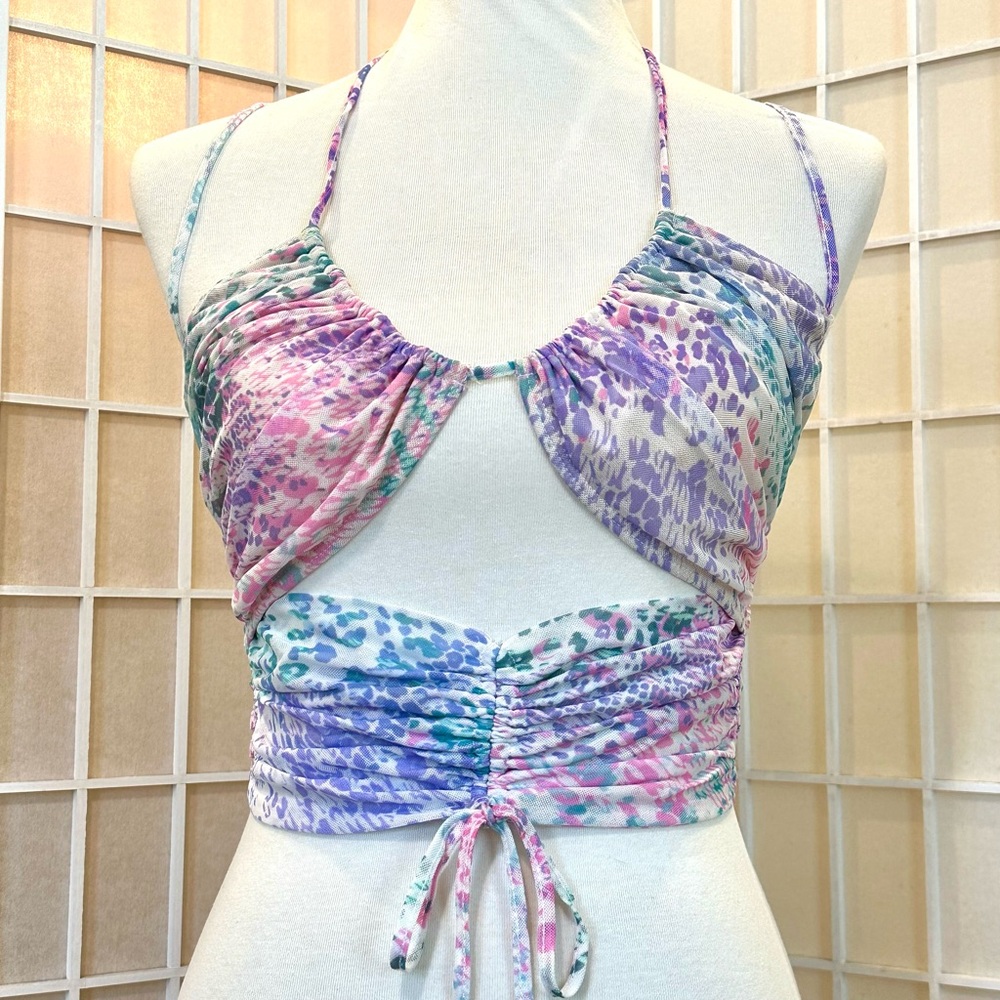 White & Pastel Print Cut-Out Halter Corset Top
